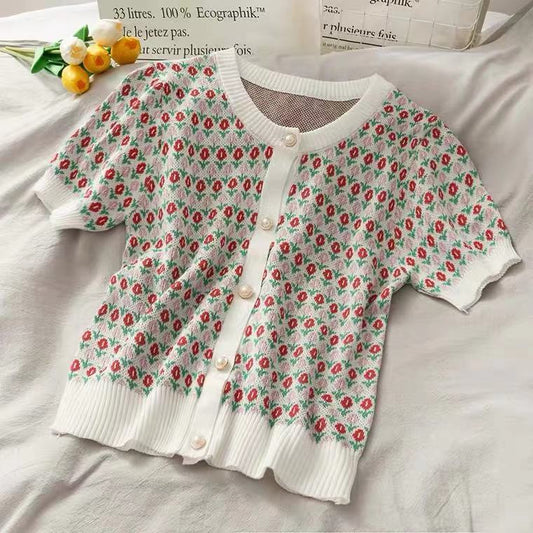 Vintage, Round Neck Pearl Button ,short Sleeve Knitted Top, Floral Slim Small Crop Top AP000182