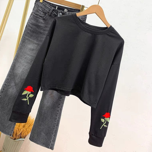 Delicate Rose Embroidery, Loose Casual Sweatshirt, Long - Sleeve T - Shirt AP000152