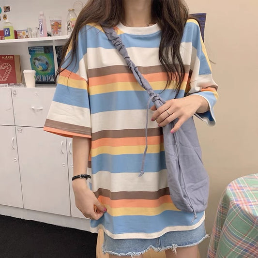 Simple Cute Short Sleeve Striped T-shirt, Loose, Student-languid Style, Gentle Top AP000151