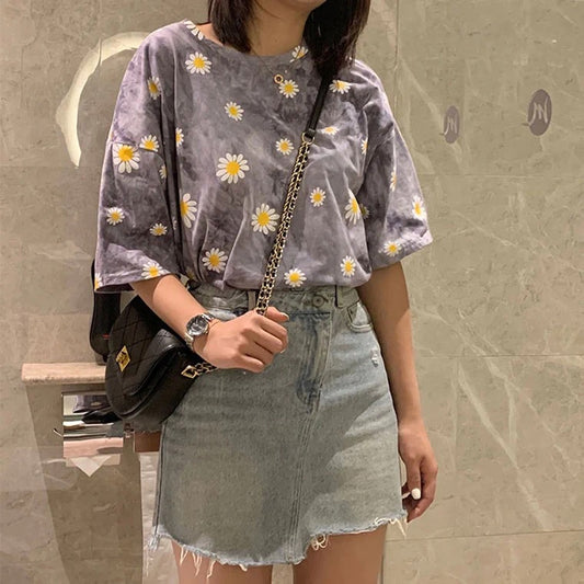 Spring And Summer, Small Daisy Flower Tie-dyed T-shirt ,short Sleeves, Loose And Comfortable, Bf Original Style, Couples AP00036
