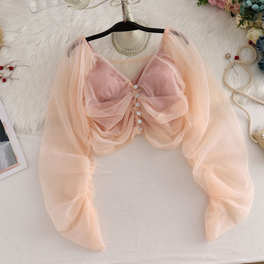 Short Sexy V-neck See-through Long-sleeved Sunscreen Jacket Women AP00040