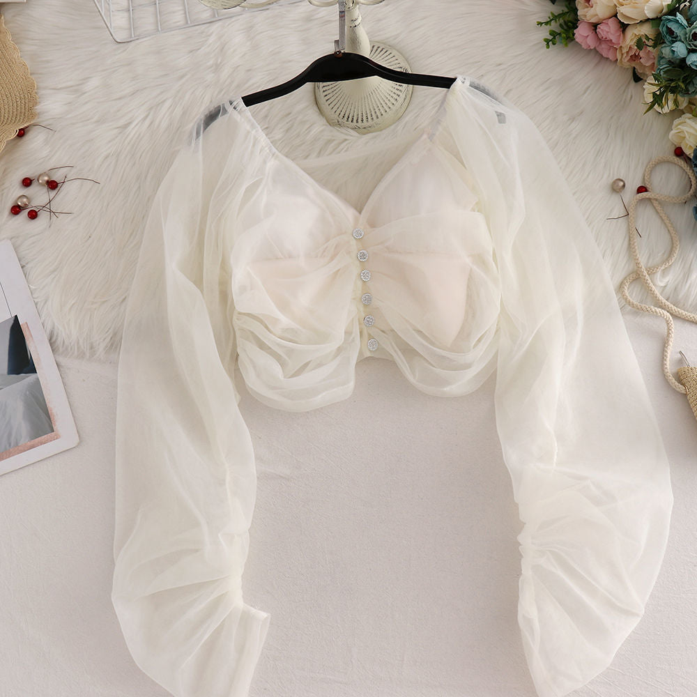 Short Sexy V-neck See-through Long-sleeved Sunscreen Jacket Women AP00040