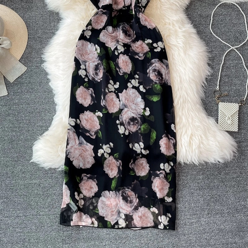 Split Flower Dress , Temperament,vintage, Sexy Halter Dress AP00064