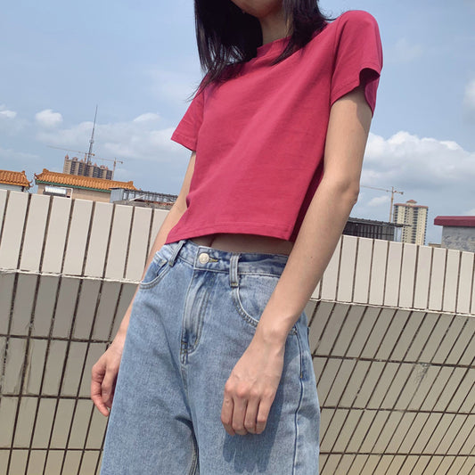 Simple Round Neck Short T-shirt Red Navel T-shirt AP000107