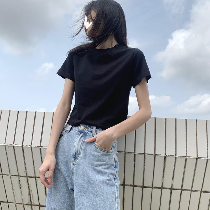 Simple Round Neck Short T-shirt Red Navel T-shirt AP000107