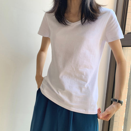 New Fashion Simple White V Neck T-shirt for Women AP000103