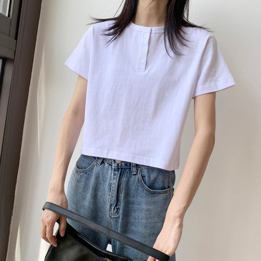 Simple White Round Neck Short T-shirt for Women AP000104