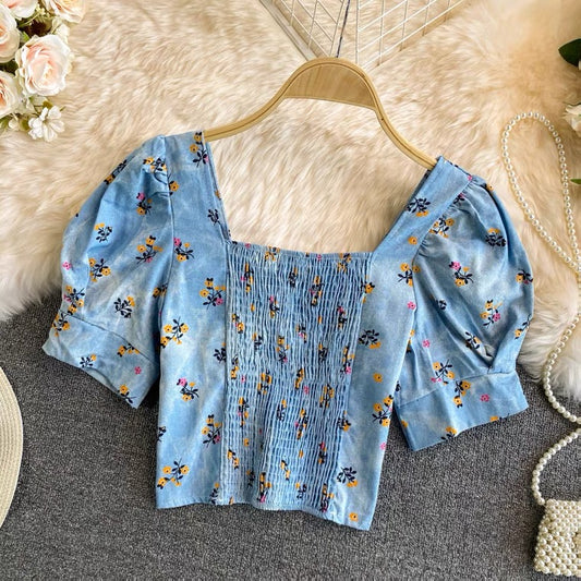 Square Collar Bubble Sleeve Top,broken Denim Shirts, Temperament, Chic Short Top AP000199