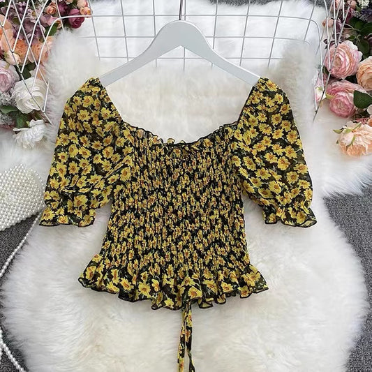 Floral Chiffon Top, Summer, Bubble Sleeve, Square Collar Short Sleeve Blouse AP000192