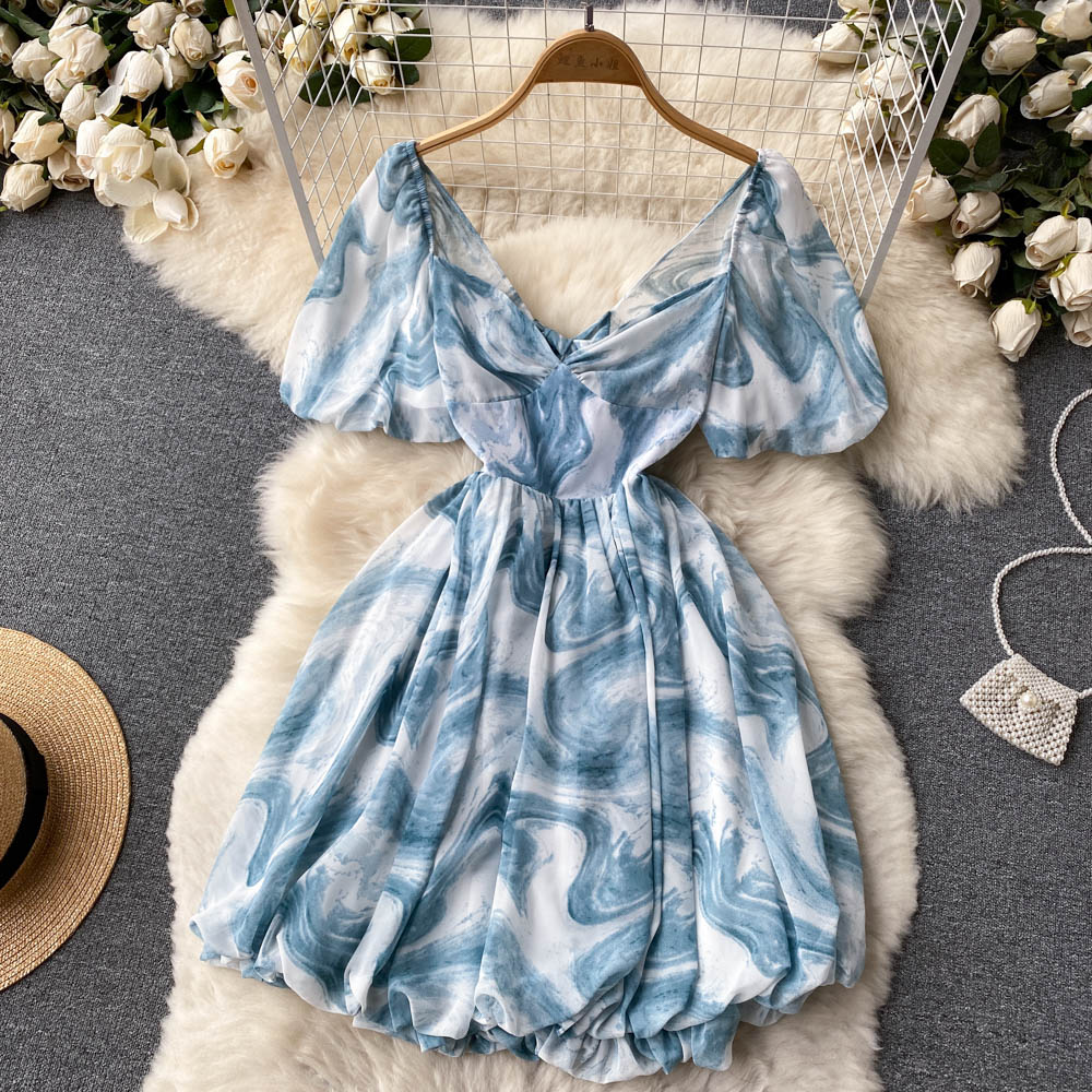 Vintage V-neck Puff Sleeve Dress Puffy A-line Dress AP0003