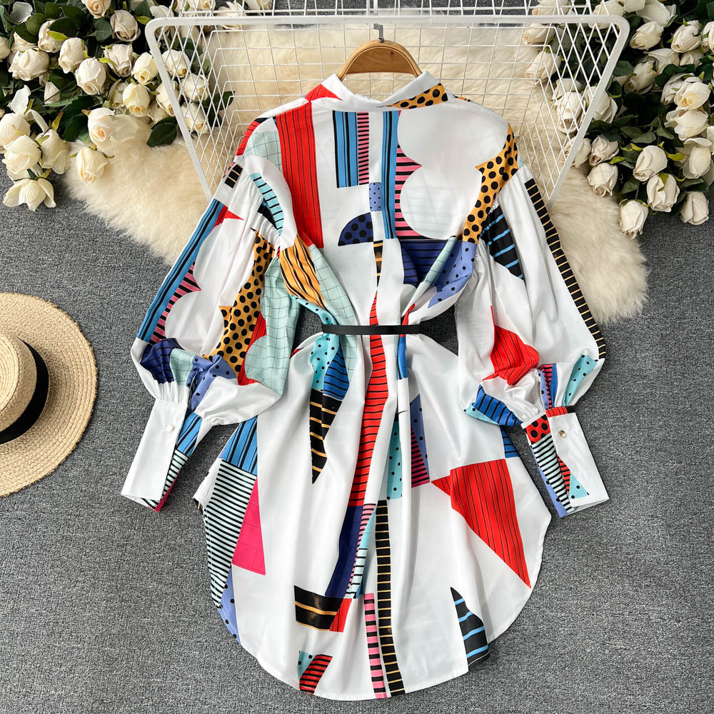 Stylish Printed Long Sleeve Shirt Dress