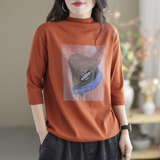 Vintage Loose Three-quarter Sleeves Printed High-neck T-shirts Tops AP000174
