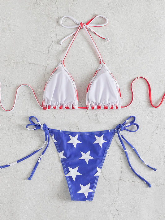 Flag Neck Triangle Lace Up Bikini For Women Swimwear AP000129