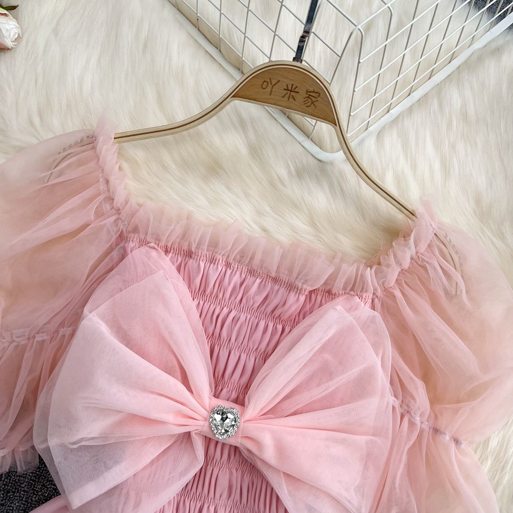 Summer French Square Neck Bow Bubble Short Sleeve Rainbow Mesh Shirt Women Fashionable Short Top Fashion AP000190