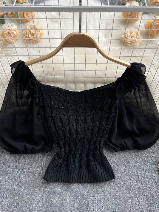 New Fashion Knitted Spliced Short Blouse Square Collar Ruff Sleeve Ladies Elastic Waist Gentle Top AP000191