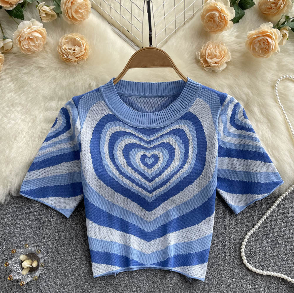 Women Short Sleeves Knitted Tops O Neck Elastic Waist Short T Shirt Style Heart Print Knit Blouse AP000197