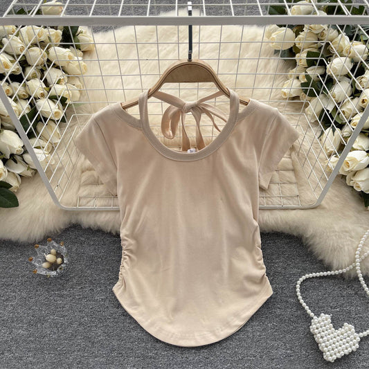 Slim Crop Top Women Casual Design Ruched Design Irregular Fashion Ladies Backless Sexy Short TopAP00034