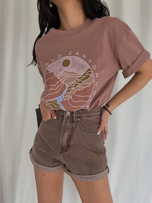 Street, Retro, Brick Red Letter Pattern Printed Short-sleeved T-shirt, Summer Loose Top AP00026