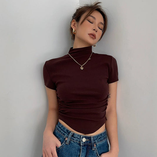 High Collar Short Sleeve Top Tight Ruffle High Waist Crop Shirt Top Tee AP00021