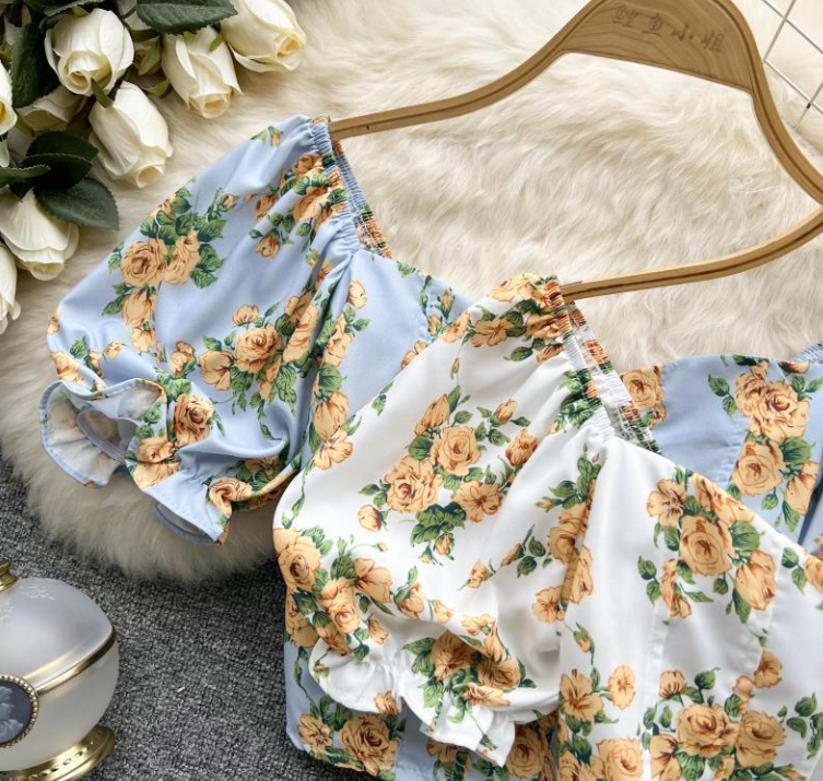Summer Small Fresh French Floral Chiffon Shirt Women Short Long Sleeve Shirt Tide Top Square Collar Small Shirt AP000187