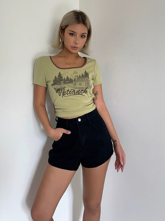 Cute Simple Stylish Printed Cut-out Short T-shirt AP000156