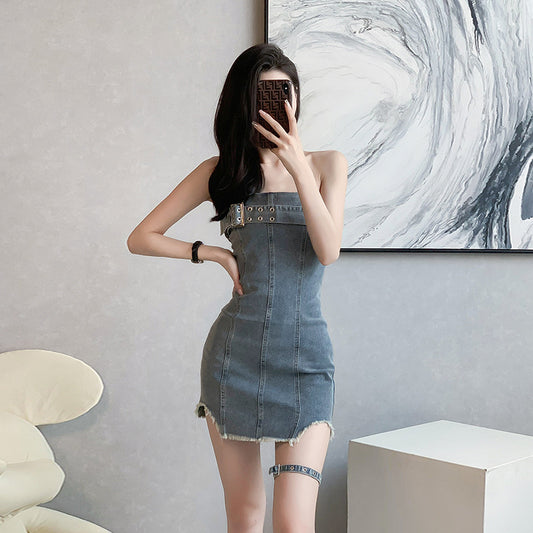 Women Strapless Bodycon Sexy Mini Denim Tube Dresses Slim Fit Trendy Club Dresses For Women Going Out Jean Dress AP00215