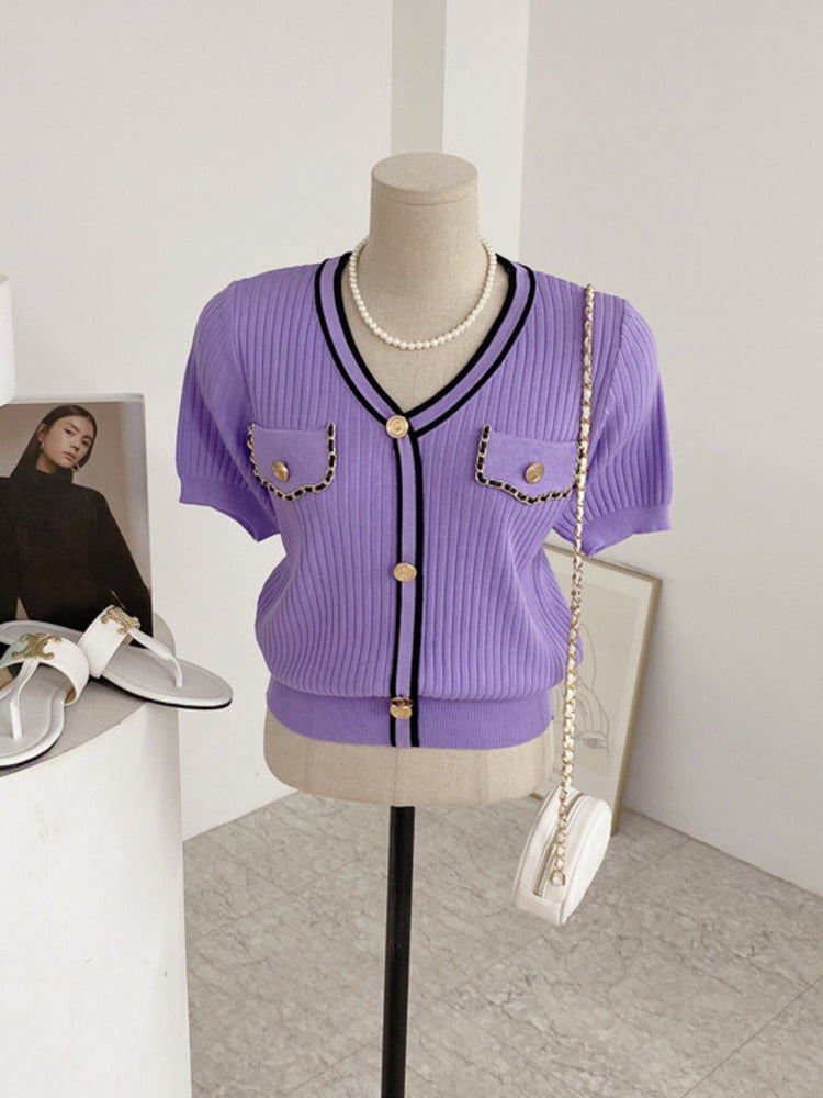 Korean Chic Small Fragrance Style Gold Button Knitted Top Women Contrast Color Sense Temperament Short V-neck Cardigan AP000179