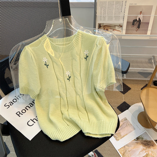 Handmade Embroidered Short Sleeved Sweater Pullover With Round Neck, Artistic Retro French Romantic Knit Top, Women Autumn AP000178