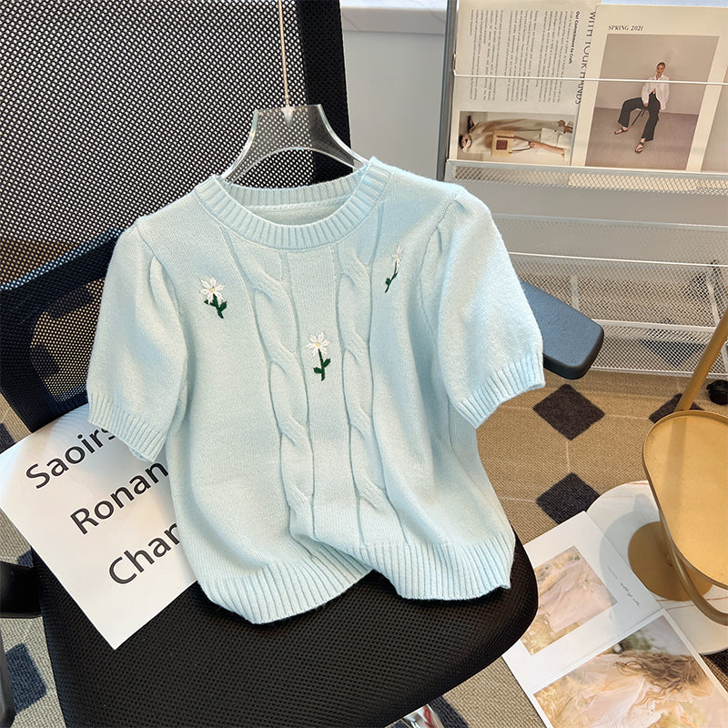 Handmade Embroidered Short Sleeved Sweater Pullover With Round Neck, Artistic Retro French Romantic Knit Top, Women Autumn AP000178