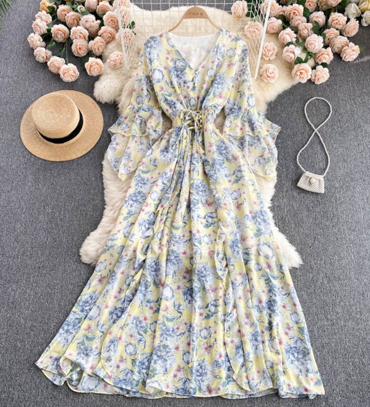 Temperament V-neck Slim Printed Chiffon Short Sleeved Dress AP00070