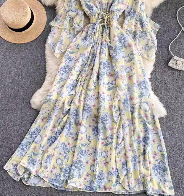 Temperament V-neck Slim Printed Chiffon Short Sleeved Dress AP00070