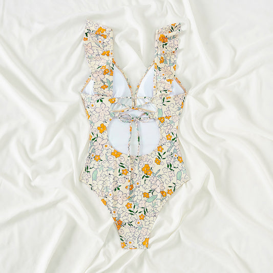 Retro Printed One Piece Swimsuit For Women With Sexy Fly Edge Deep V-shaped One-piece Summer Swimsuit AP00055