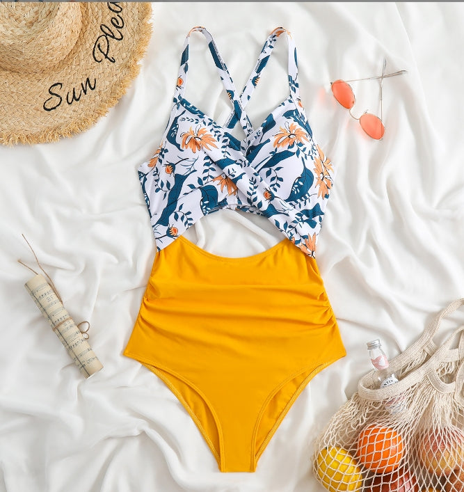 One-piece Swimsuit Color Blocking Sexy Hollow Cross Strap Swimsuit For Women AP00044