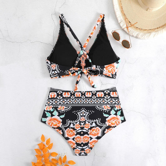 Large-sized Bikini Swimsuit Women's Split Print High Waist Strap Swimsuit AP000125