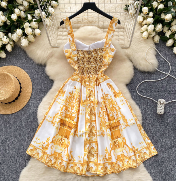 Cute Floral Print Sleeveless Dress With Pleated Skirt AP00086