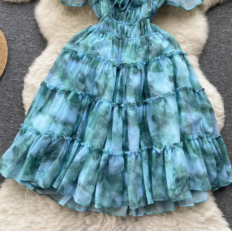 Design Short Sleeves Printed High Waist Dress AP00204