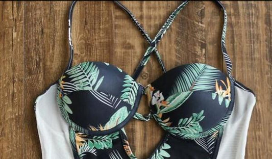 Tropical Peplum One Piece Swimsuit Women Swimsuit Green Leaf Floral Cut Out Monokini Ruffled Bathing Suit Maillot AP00049