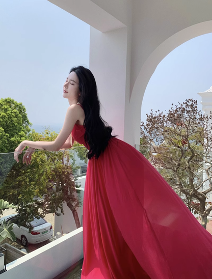 New Elegant Stylish Rose Red High-waisted Spaghetti Strap Dress AP0236