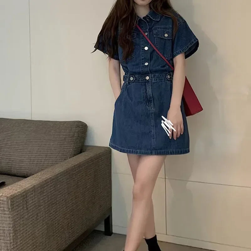 Simple Casual Short Sleeve Button-front Denim Dress AP00219