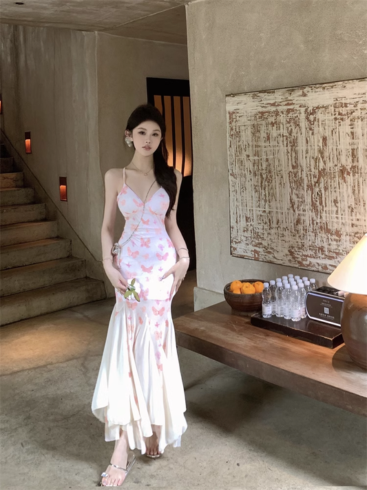 New Stylish Women Pink Butterfly Mermaid Spaghetti Strap Dress  AP0260