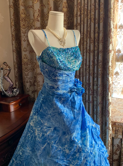 Vintage Blue Floral Print Spaghetti Straps Ball Gown Beaded Bodice Prom Dress AD236
