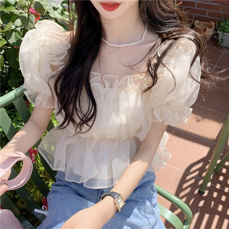 Sweet Wonderful Ladies Striped Square Neck Collar Mesh Pleated Ruffle Shirt Puff Short Sleeve Off Shoulder Top AP000196