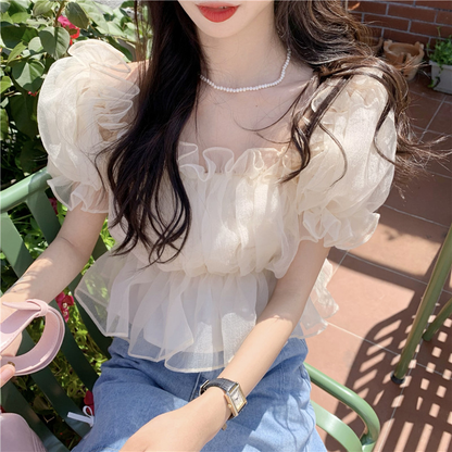 Sweet Wonderful Ladies Striped Square Neck Collar Mesh Pleated Ruffle Shirt Puff Short Sleeve Off Shoulder Top AP000196