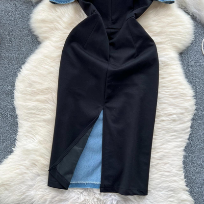 Sleeveless Denim Dress With Black Panel Detailing AP00216