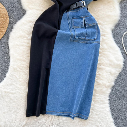 New Fashion Two-tone Jean And Black Polo Dress AP00217