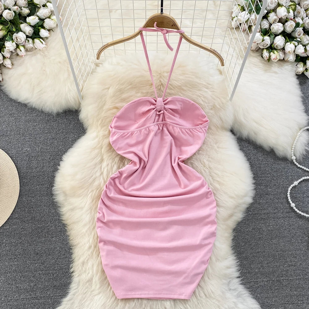Women Pink Halter Neck Mini Dress With Bow Detail Simple Fashion AP00206