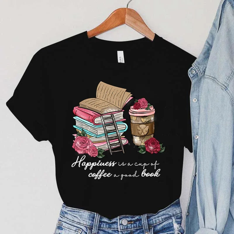 Women Happiness Coffee And Book Lover Graphic Tee New Fashion Simple T-shirt AP000167
