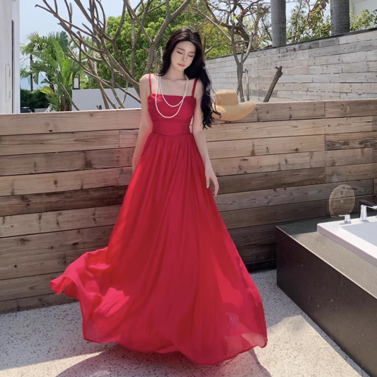 New Elegant Stylish Rose Red High-waisted Spaghetti Strap Dress AP0236