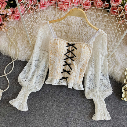 New Fashion Palace Style Temperament Women Lotus Leaf Waist Lace Square Collar Sweet Bowknot Puff Sleeve Crop Bustier Top Blouse AP000194