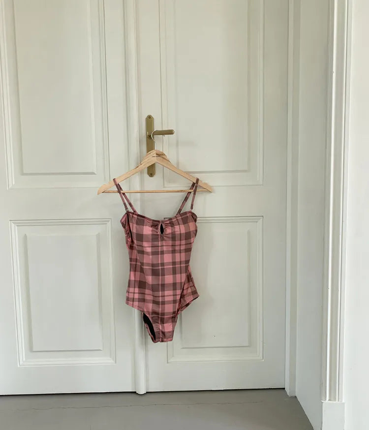 Pink Plaid One-piece Swimsuit With Adjustable Straps AP000130